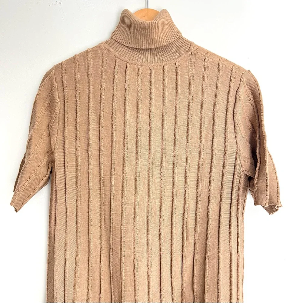 COS Beige Tan / Beige Scallop Pleated Knit Wool Blend Turtleneck Boho Dress Sz S - Picture 9 of 16